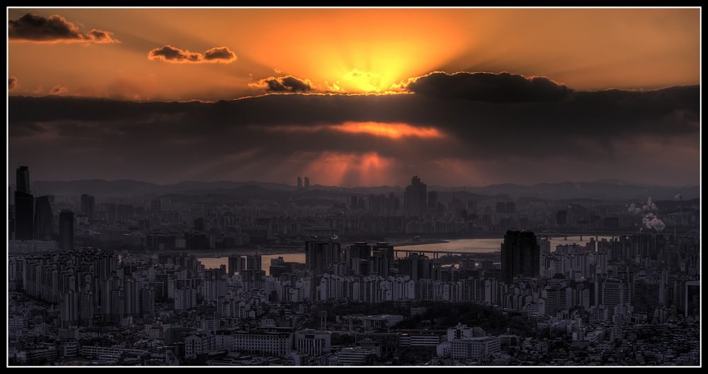 Seoul skyline at sunset seen from Namsan